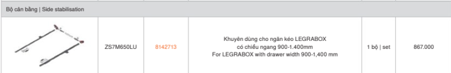 Bộ Cân Bằng Dùng Cho Ngăn Kéo LEGRABOX Có Chiều Ngang 900-1.400mm, ZS7M650LU, 8142713