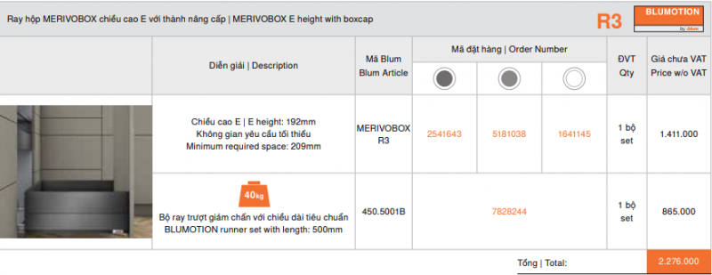 Ray hộp MERIVOBOX R3 chiều cao E 192 với thành nâng cấp 2541643, Xám đậm