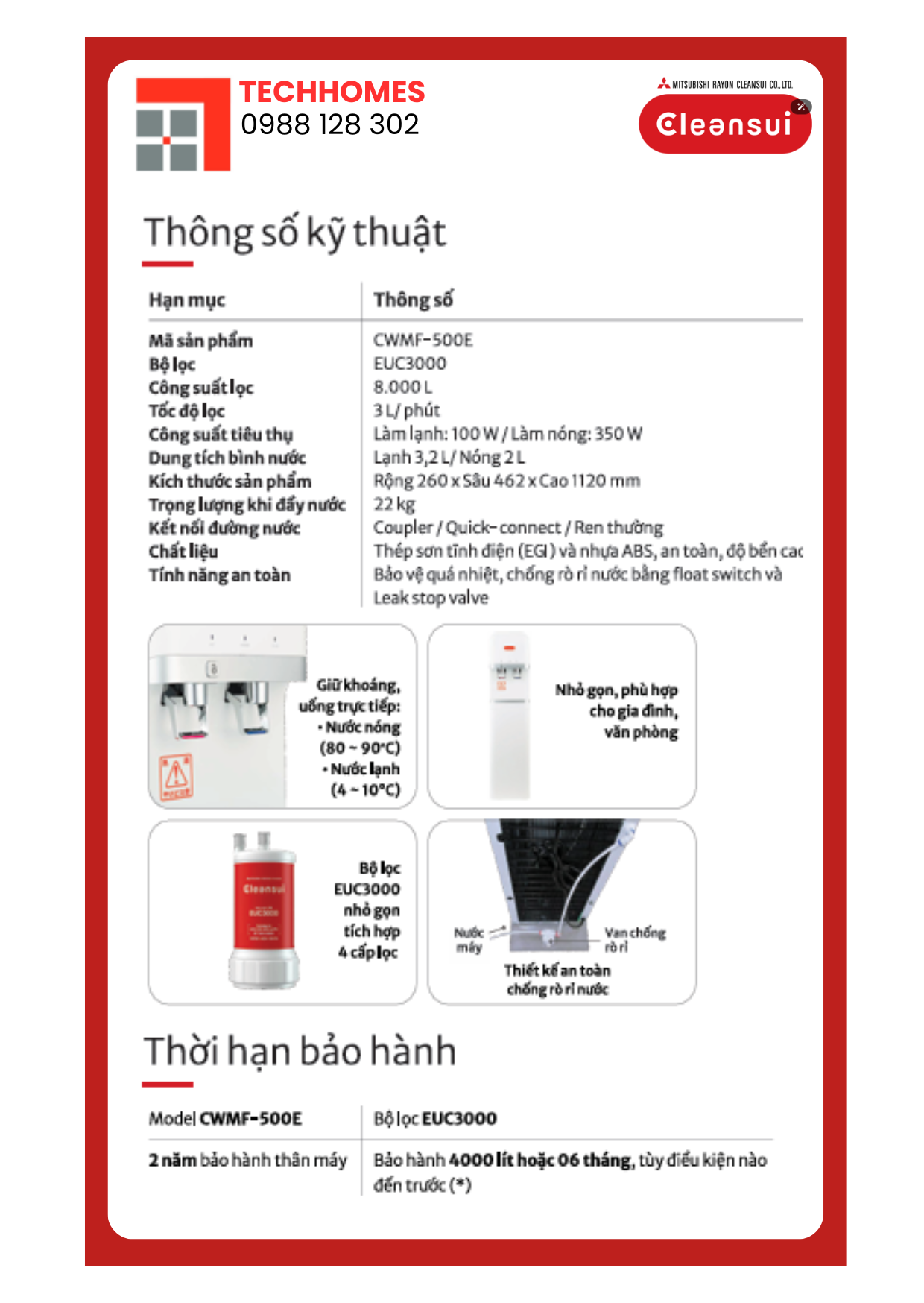 Thiết bị lọc nước tích hợp nóng lạnh - Mitssubishi Chemical Cleansui -  CWMF - 500EE